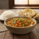 A vibrant bowl of vegan chickpea curry garnished with fresh cilantro, served with rice and naan on a rustic wooden table, warm and inviting lighting.