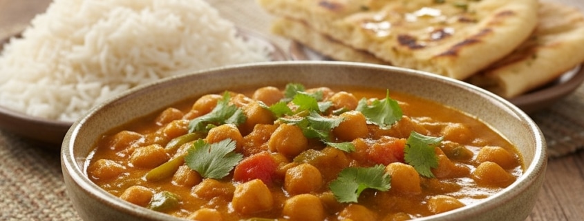 A vibrant bowl of vegan chickpea curry garnished with fresh cilantro, served with rice and naan on a rustic wooden table, warm and inviting lighting.