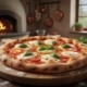 A freshly baked Margherita pizza on a wooden board, topped with melted mozzarella, tomato slices, and fresh basil, with a rustic Italian kitchen background.
