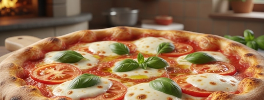 A freshly baked Margherita pizza on a wooden board, topped with melted mozzarella, tomato slices, and fresh basil, with a rustic Italian kitchen background.