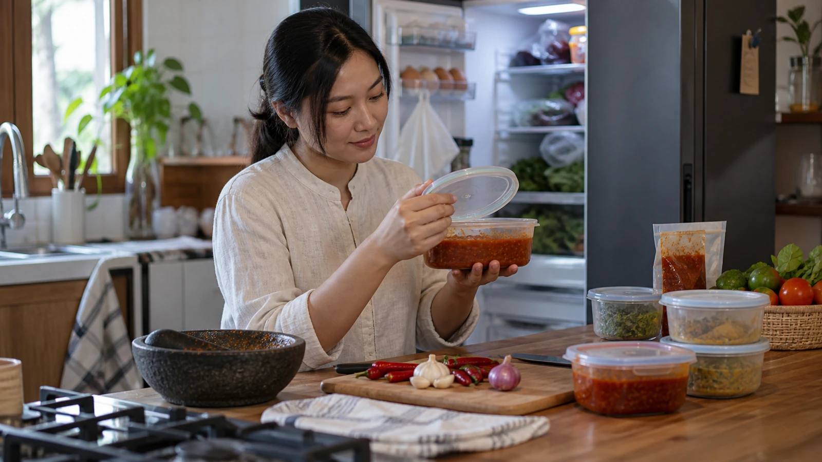 Ilustrasi AI: Seorang perempuan membuka wadah sambal di depan kulkas yang terbuka, dengan beberapa wadah bumbu dan sambal di meja
