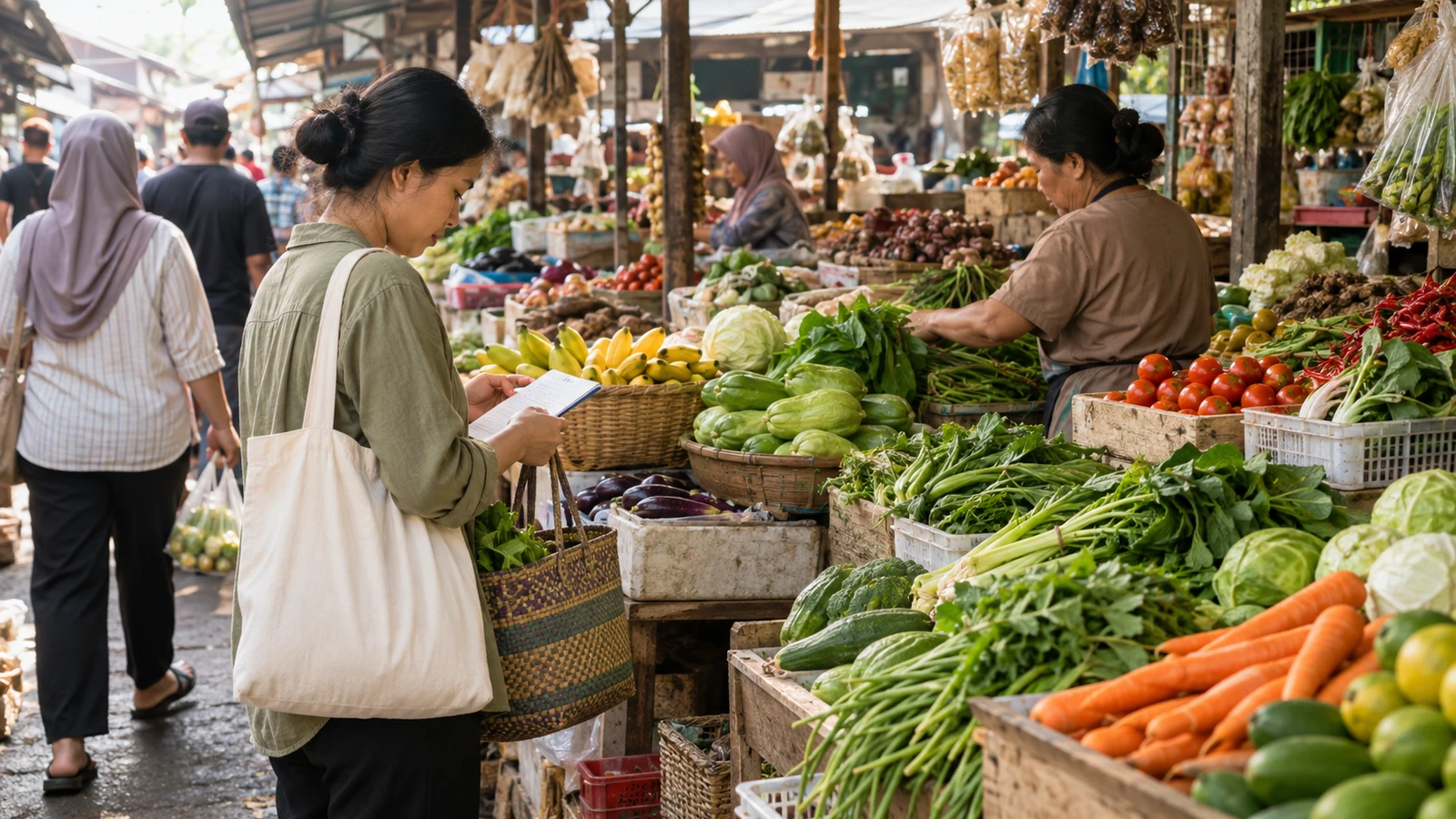 Ilustrasi AI: Pembeli membaca catatan di lorong pasar tradisional sambil membawa tas kain dan keranjang anyaman, di antara lapak sayur, pisang, dan tomat