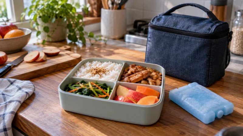 Ilustrasi AI: Kotak bekal empat sekat berisi nasi, ayam berbumbu, tumis sayur hijau dengan wortel, dan potongan buah, di samping tas berinsulasi serta kantong gel pendingin