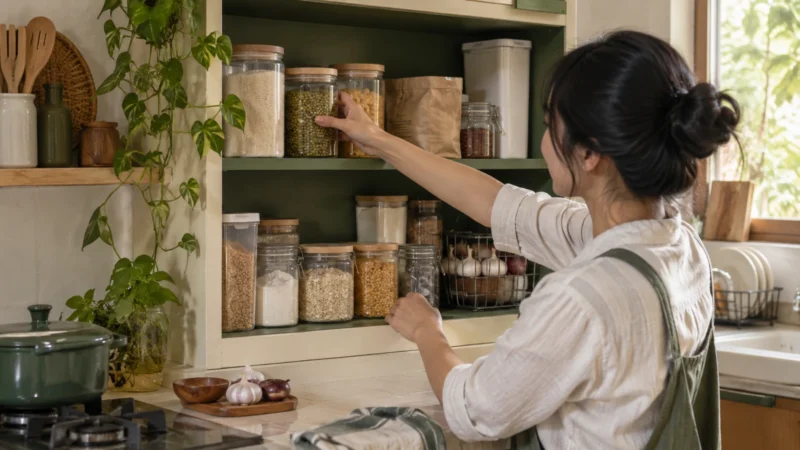 Ilustrasi AI: Seseorang mengambil toples dari lemari pantry kecil berlatar hijau berisi toples biji-bijian, kantong kertas, dan keranjang kawat berisi bawang