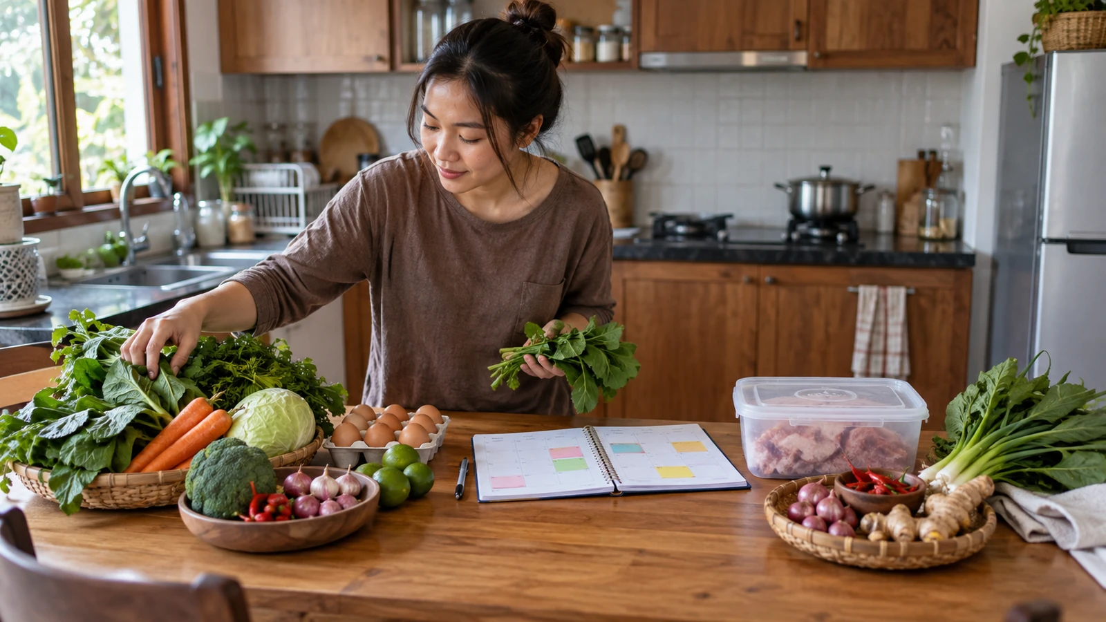 Ilustrasi AI: Seorang perempuan memilah sayur daun, wortel, kol, brokoli, telur, dan bumbu di meja kayu, dengan buku perencana berlabel warna dan satu wadah daging mentah