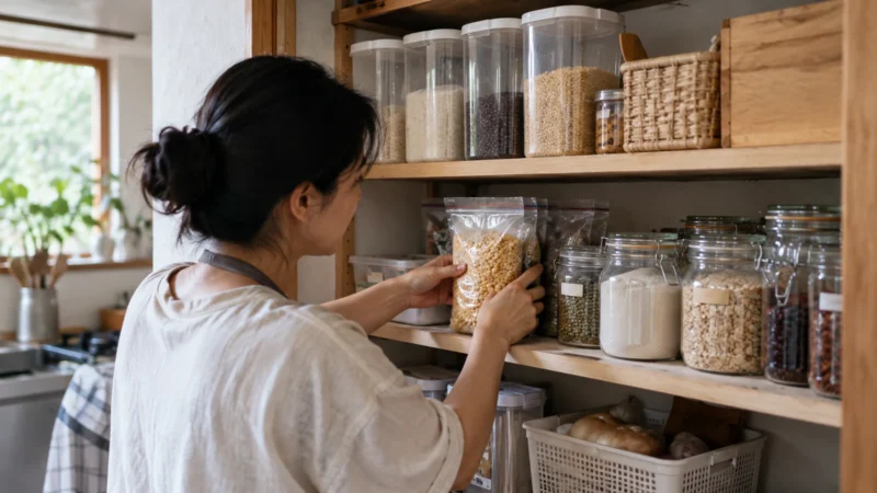 Ilustrasi AI: Seseorang meletakkan kantong kacang kering di rak tengah pantry, di depan deretan toples kaca berlabel dan wadah biji-bijian di rak atas